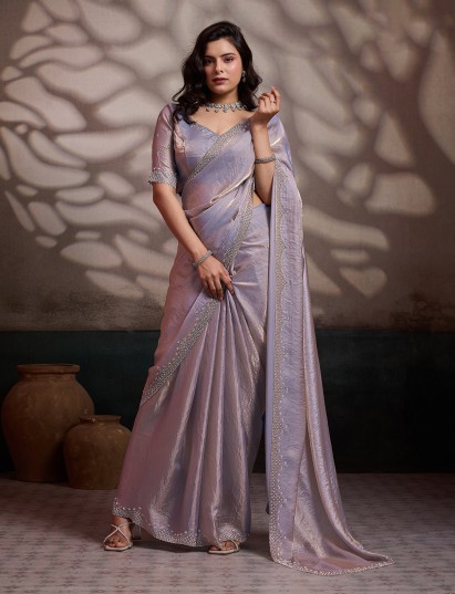 Lavendor satin silk saree with stone embellished border