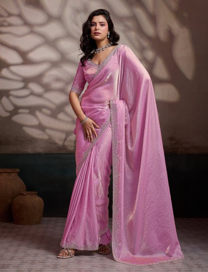 Pink party wear satin silk saree