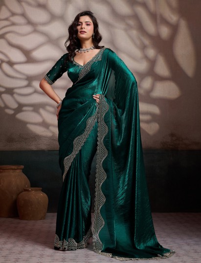 Green wedding wear satin silk saree with stone worked border