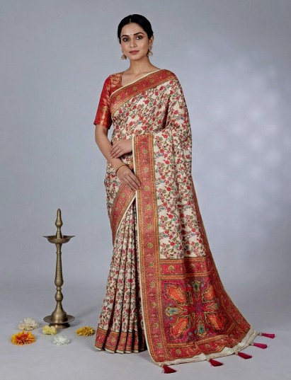 Cream semi pashmina silk saree with motif weaving