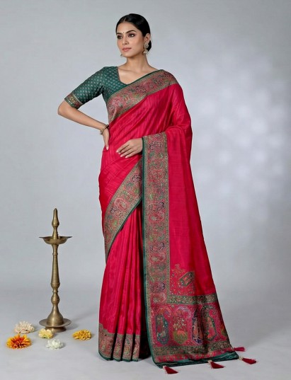 Magenta semi pashmina silk saree with broad border