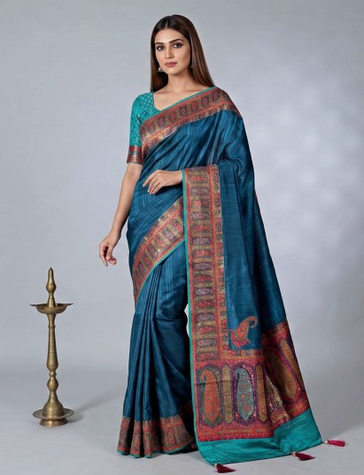 Rama blue zari work semi pashmina silk saree