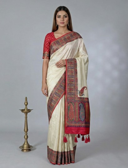 Cream semi pashmina silk saree with elegant border