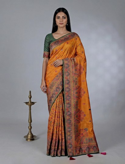 Mustard yellow haldi wear semi pashmina silk saree