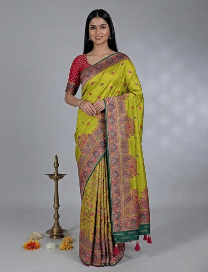 Light green festive semi pashmina silk saree