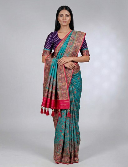 Aqua blue wedding wear semi pashmina silk saree