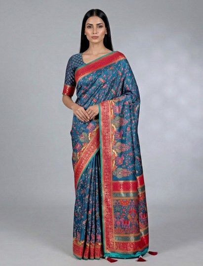 Rama blue wedding wear semi pashmina silk saree