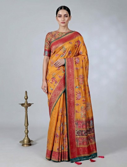 Mustard yellow semi pashmina silk saree