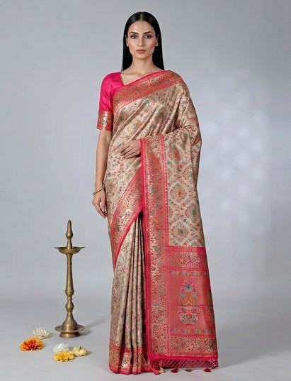 Beige wedding wear semi pashmina silk saree