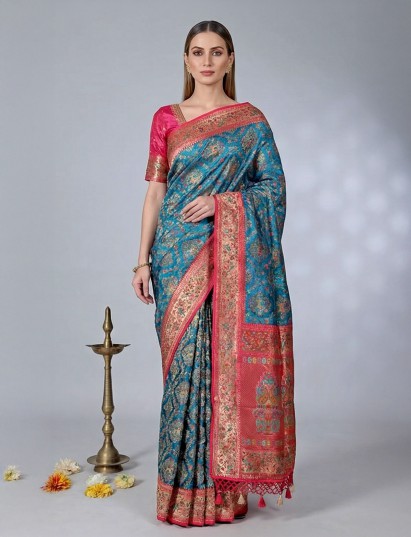 Blue wedding wear semi pashmina silk saree for women wedding wear