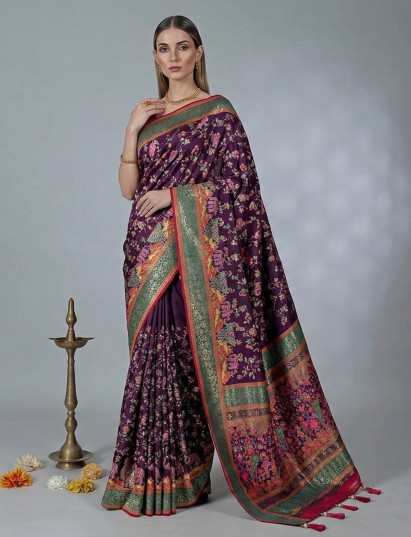 Dark purple semi pashmina silk saree for wedding