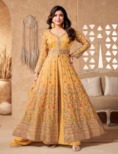 Yellow silk embroidered anarkali palazzo suit for women