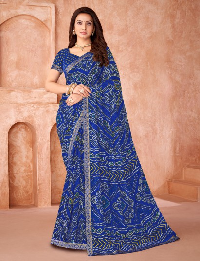 Blue chiffon printed saree for women festive wear