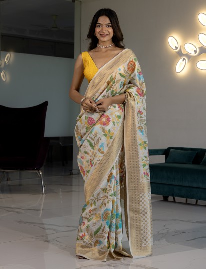 White classin khadi tusser silk saree for reception party