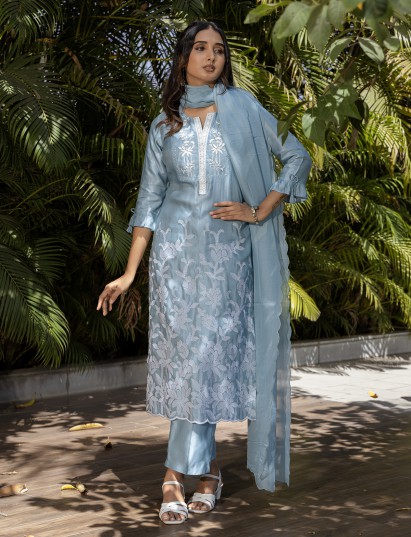 Sky blue silk kurti set for women festive wear
