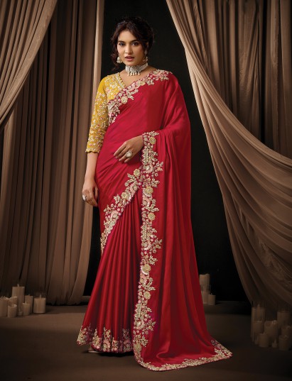 Red satin silk saree for weddings adorned with resham and sequin work