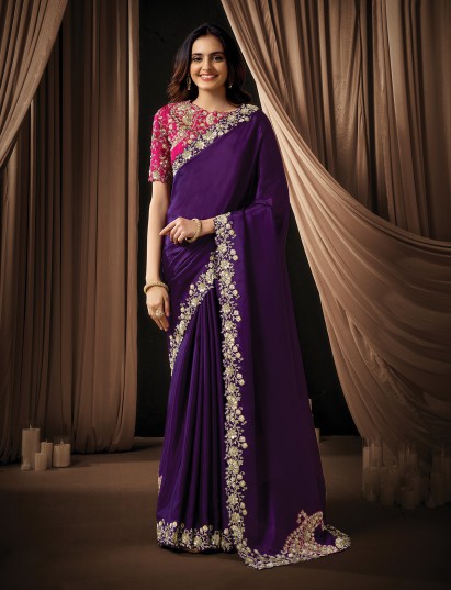 Purple uppada silk saree designed for reception occasions