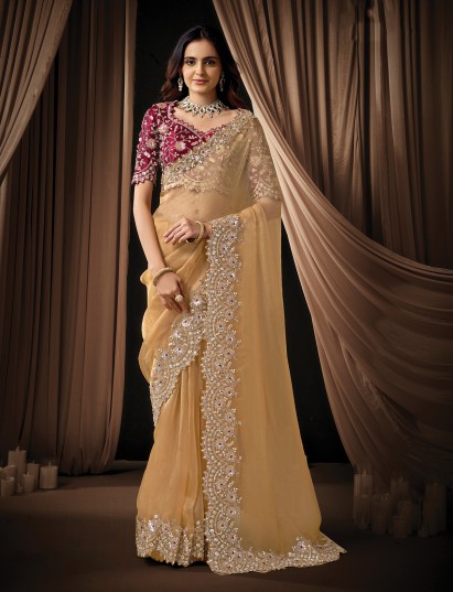 Golden organza tissue saree for reception