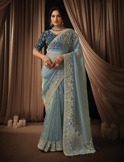 Sky blue organza satin saree ideal for wedding wear