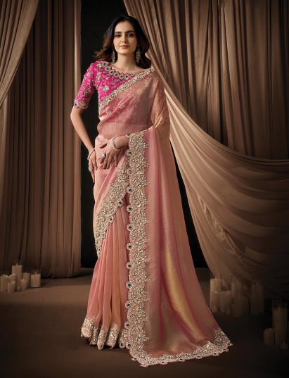 Peach organza satin saree perfect for reception occasions
