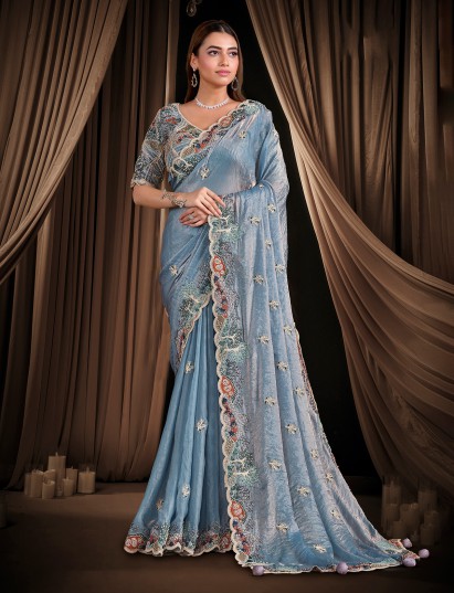 Sky blue satin silk saree for reception wear