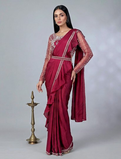 Maroon lycra ready to wear saree with ruffled pallu