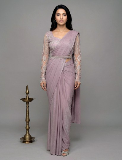 Light pink lycra ready to wear saree with belt