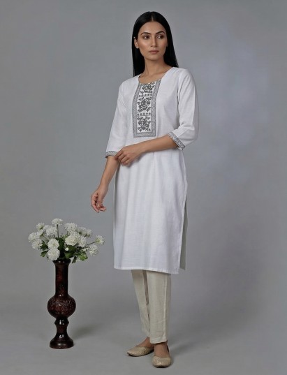 White cotton silk thread work elegant kurti