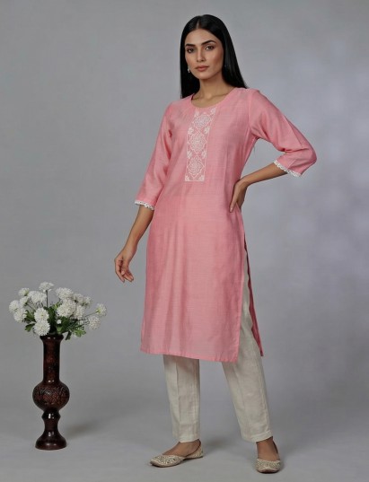 Peach cotton silk round neck casual kurti