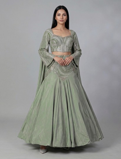 Olive green crepe silk designer lehenga choli