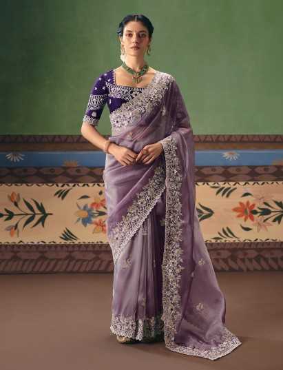 Light purple fancy silk wedding saree with statement blouse