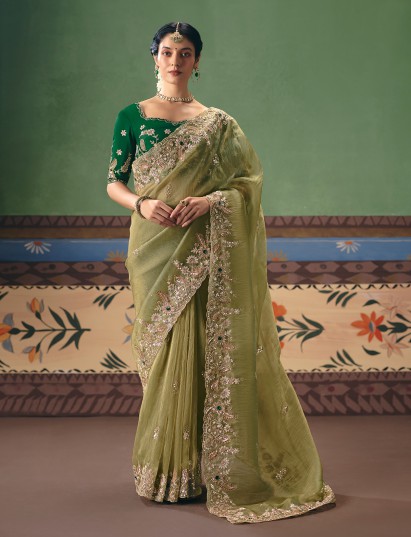 Olive green fancy silk saree with resham detailing