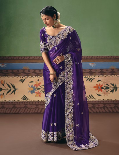 Dark purple fancy silk wedding wear saree
