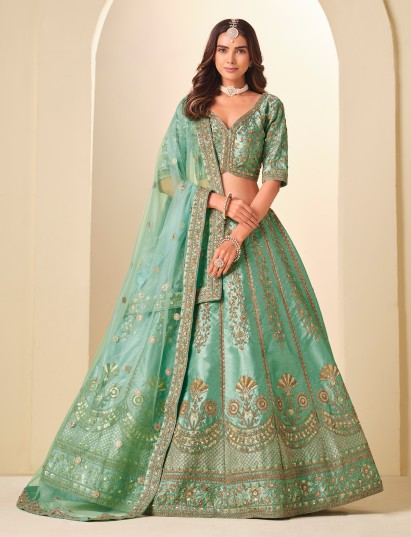 Mint green art silk lehenga choli for wedding celebrations