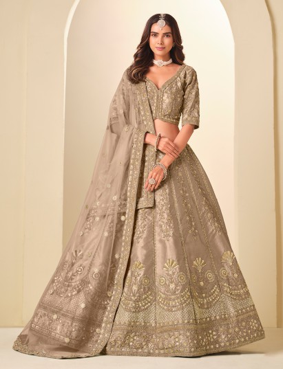 Beige art silk lehenga choli with resham and sequins embellishment
