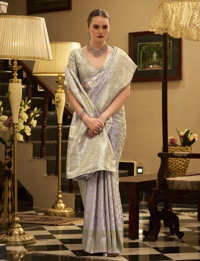 Light purple zari worked satin silk saree