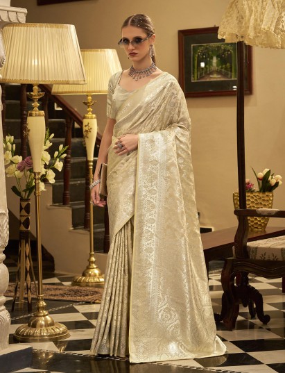 Cream satin silk saree with elegant zari work