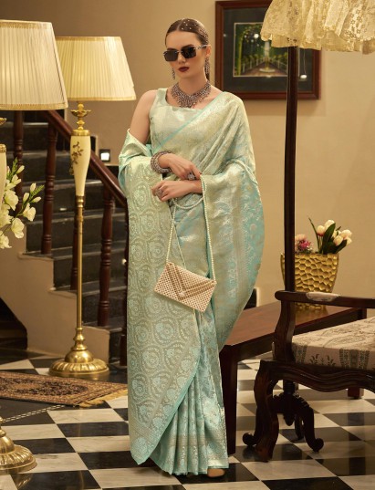 Mint blue festive wear satin silk saree with zari work