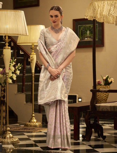 Light pink satin silk saree with zari woven motifs