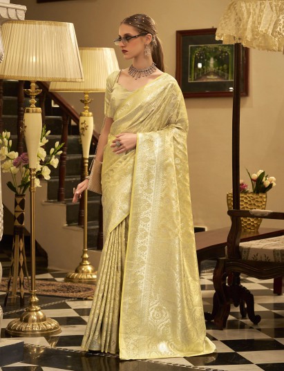 Beige wedding wear satin silk saree