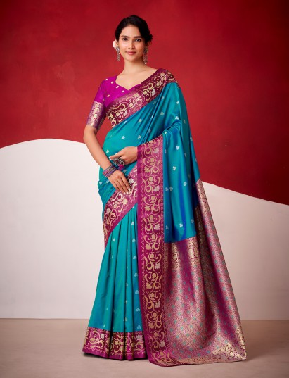Blue satin silk festive wear saree