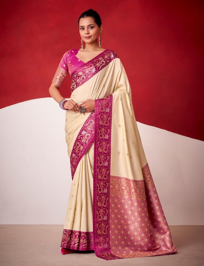 Cream satin silk saree with bold border