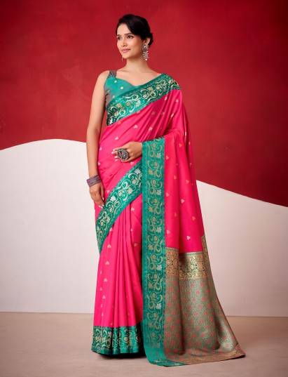 Magenta satin silk saree with contrast border