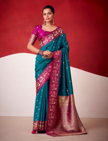 Rama blue satin silk saree for wedding celebration