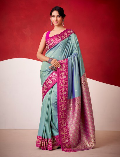 Grey satin silk saree for festive celebration