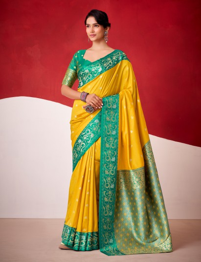 Yellow festive wear silk saree in soft satin silk
