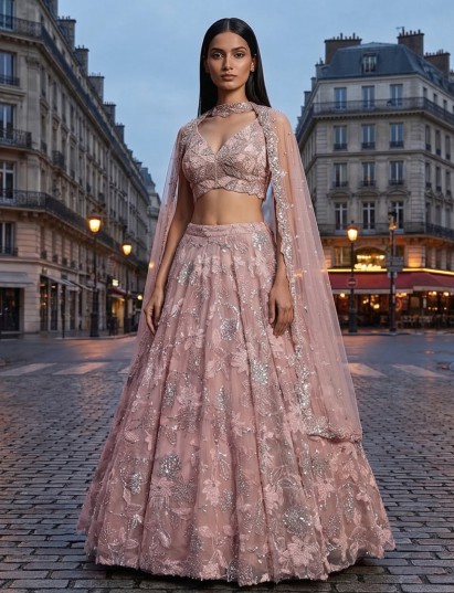 Peach net lehenga choli for wedding celebrations