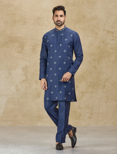 Navy linen men kurta suit with thread detailing