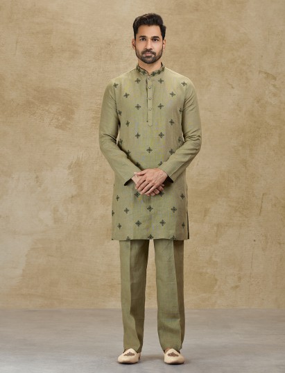 Olive green linen kurta suit for wedding celebrations