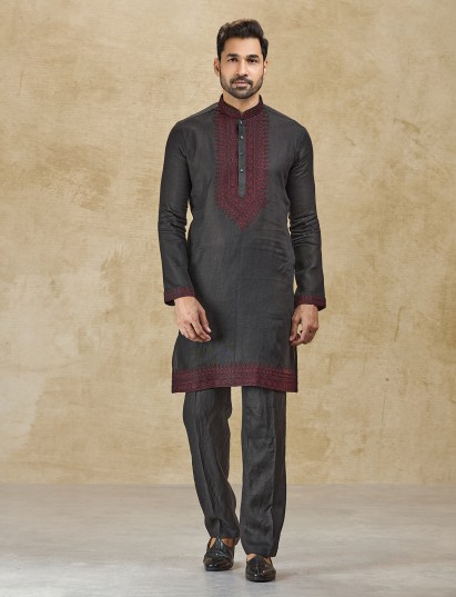 Charcoal black linen kurta suit with fine thread accents